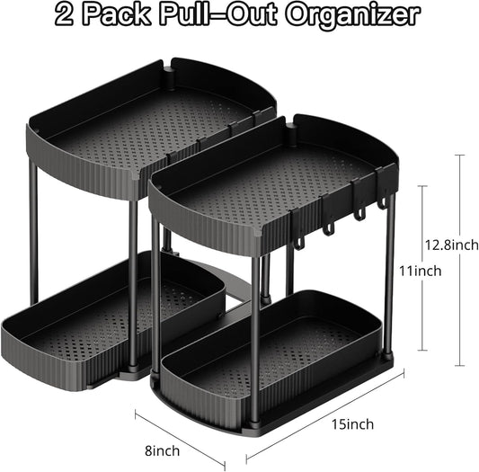 2-Pack Pull-Out Under Sink Organizers – 12.8" Black, for Kitchen & Bathroom
