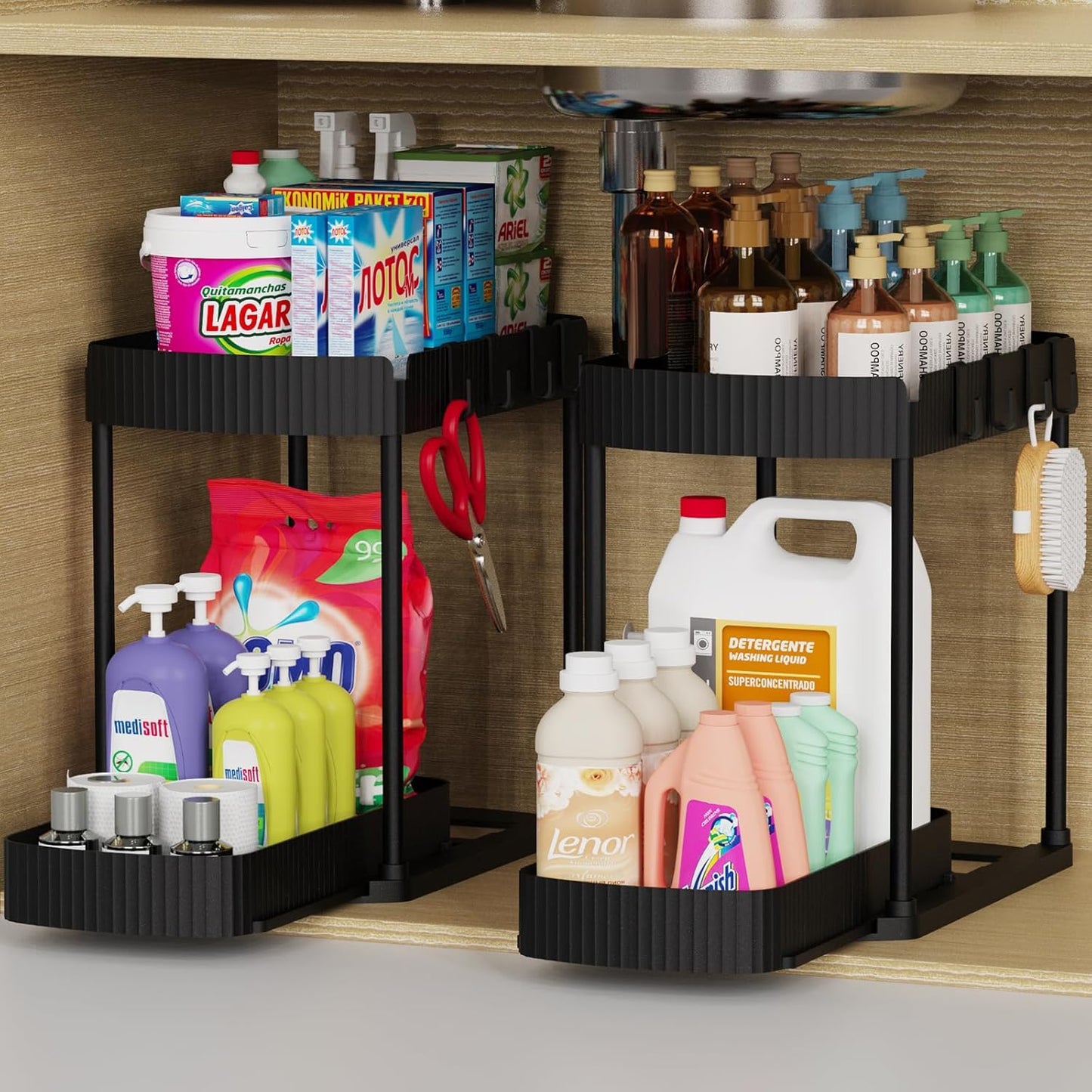 2-Pack Pull-Out Under Sink Organizers – 12.8" Black, for Kitchen & Bathroom