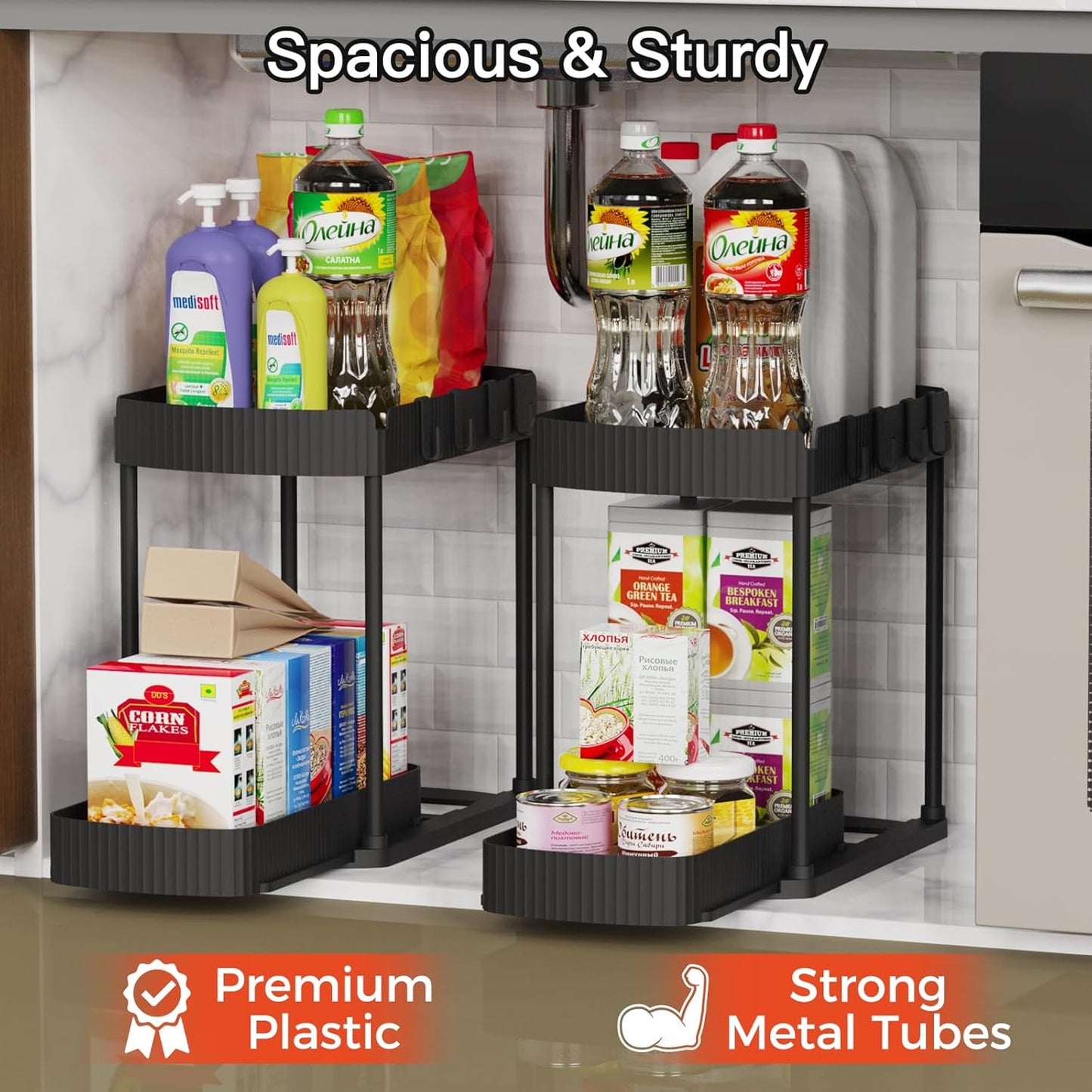 2-Pack Pull-Out Under Sink Organizers – 12.8" Black, for Kitchen & Bathroom
