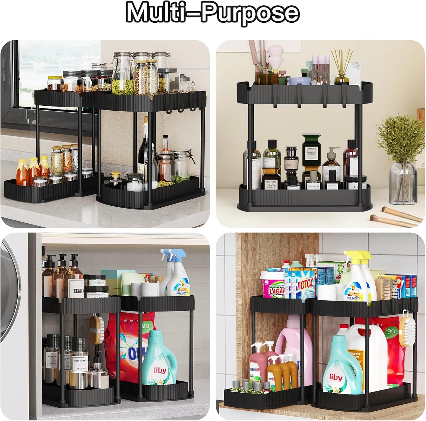 2-Pack Pull-Out Under Sink Organizers – 12.8" Black, for Kitchen & Bathroom